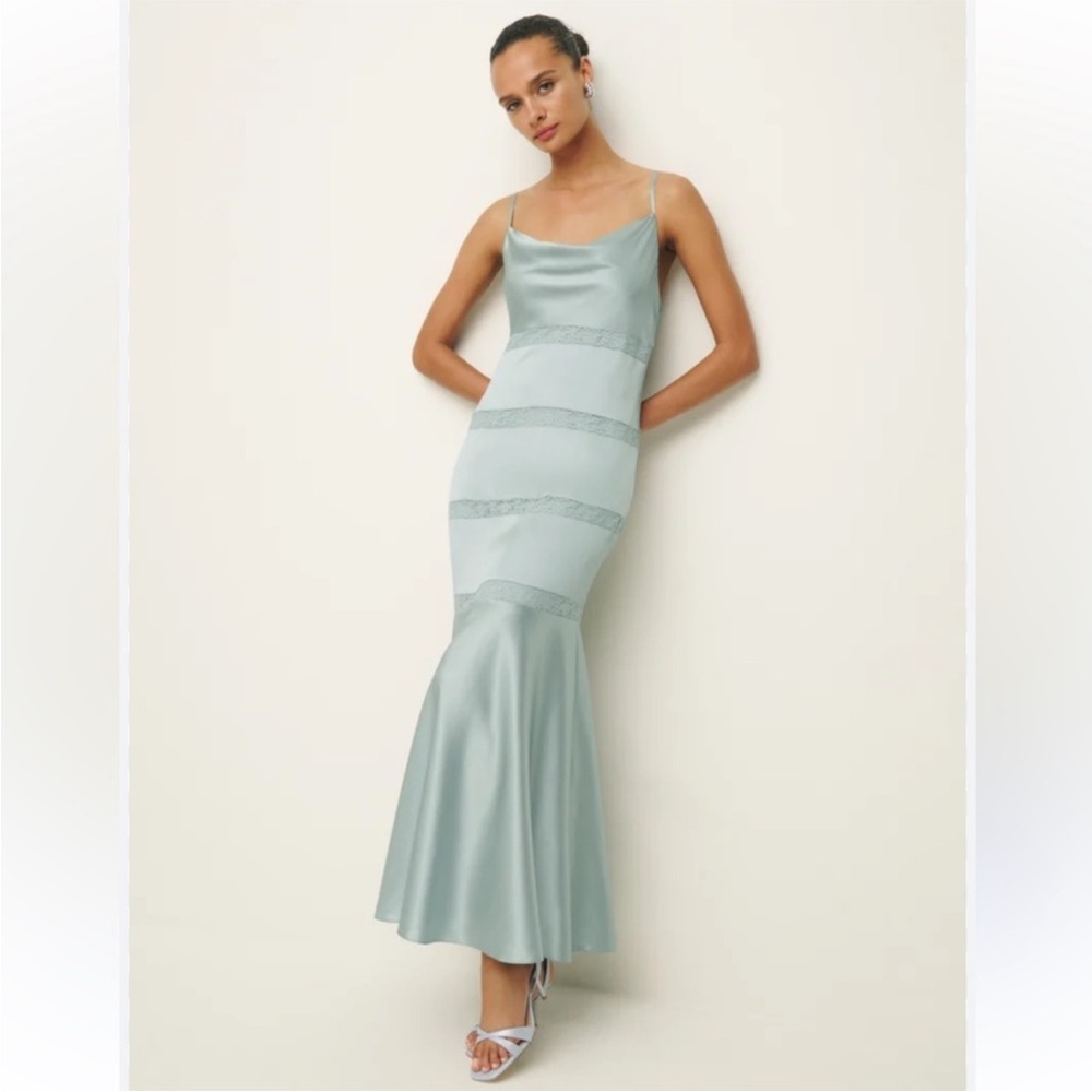 Reformation Riah light blue Silk Dress. Full length. Cowl neckline. Size 12